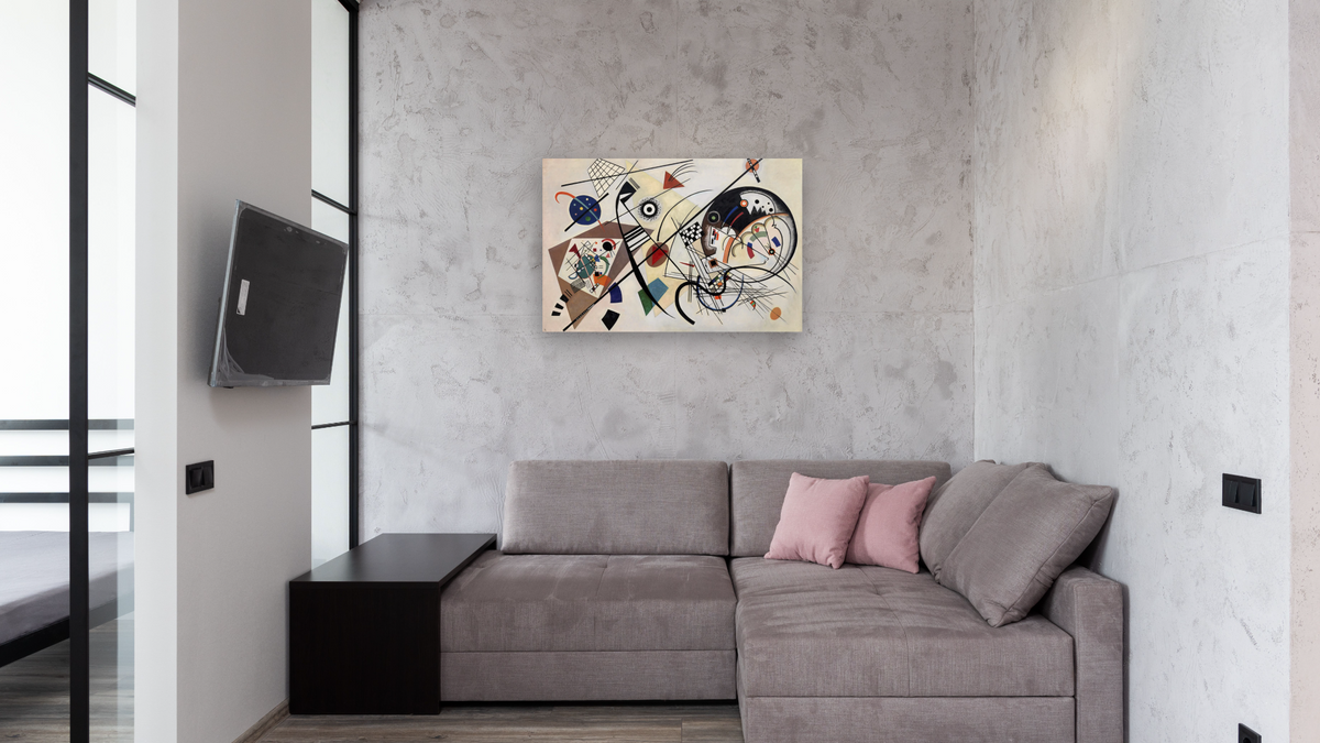 Transverse Line by Wassily Kandinsky, shown at 28 × 42 in (71.1 × 106.7 cm) as gallery-wrapped canvas, media room