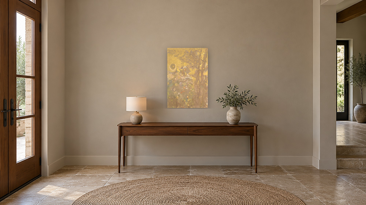 Trees on a yellow Background by Odilon Redon, shown at 28 × 42 in (71.1 × 106.7 cm) as gallery-wrapped canvas, hallway