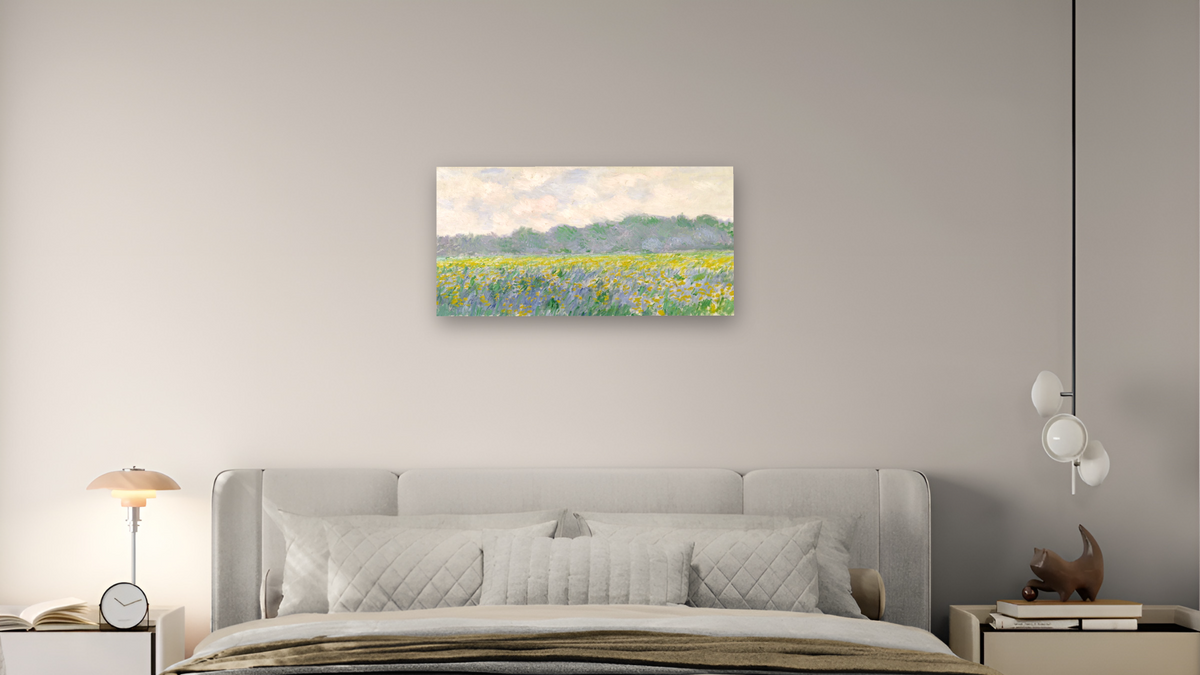 Field of Yellow Irises at Giverny by Claude Monet, shown at 20 × 40 in (50.8 × 101.6 cm) as gallery-wrapped canvas, bedroom