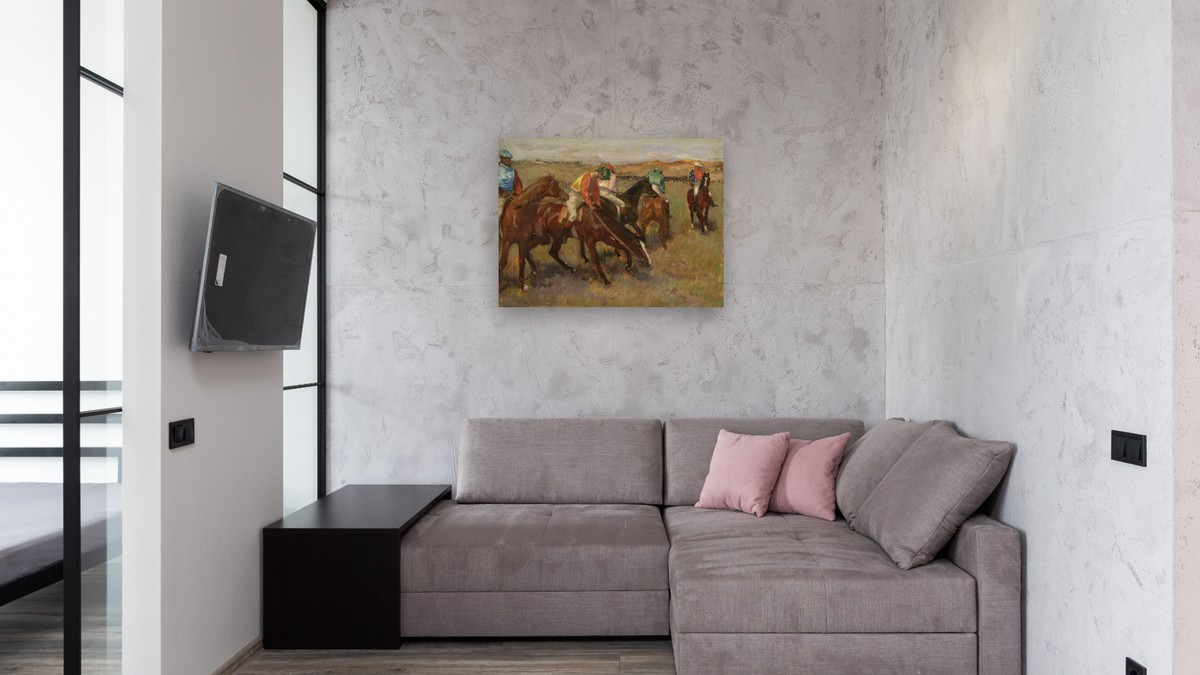 Before the Race, c. 1882 by Edgar Degas, shown at 30 × 40 in (76.2 × 101.6 cm) as gallery-wrapped canvas, media room