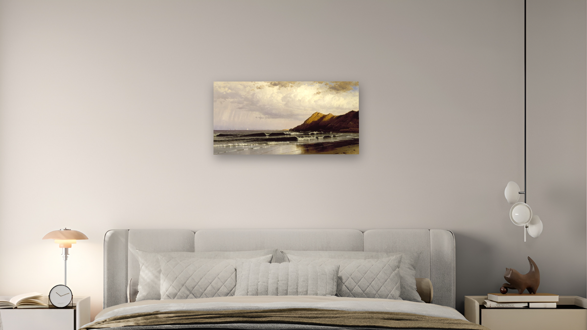 Time and Tide by Alfred Thompson Bricher, shown at 20 × 40 in (50.8 × 101.6 cm) as gallery-wrapped canvas, bedroom