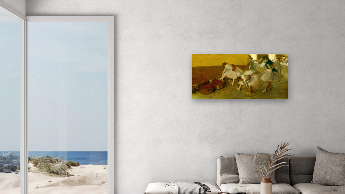 Dancers in the Green Room by Edgar Degas, shown at 20 × 40 in (50.8 × 101.6 cm) as gallery-wrapped canvas, living