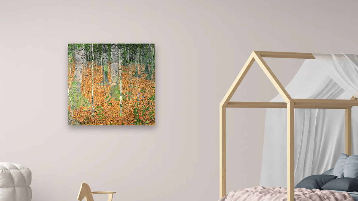 The Birch Wood by Gustav Klimt, shown at 32 × 32 in (81.3 × 81.3 cm) as gallery-wrapped canvas, bedroom
