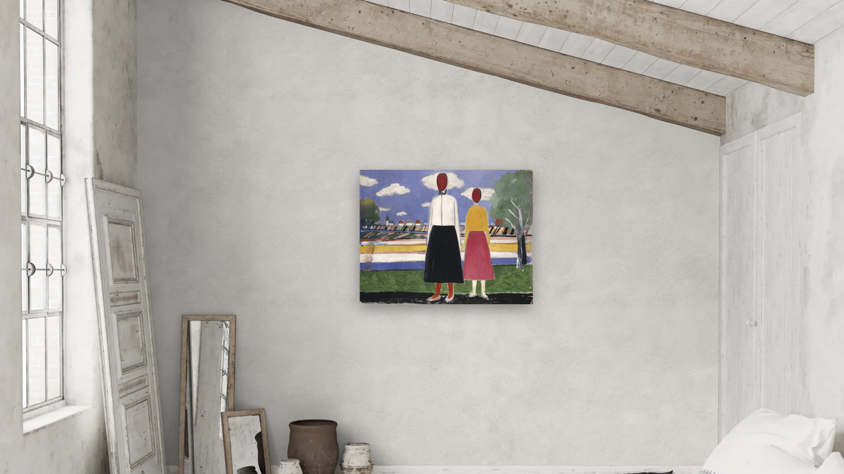 Two Figures in a Landscape by Kazimir Malevich, shown at 32 × 40 in (81.3 × 101.6 cm) as gallery-wrapped canvas, bedroom