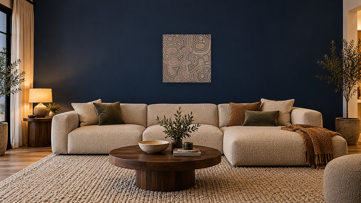 Mina Mina Dreaming, by George Tjungurrayi, shown at 32 × 32 in (81.3 × 81.3 cm) as gallery-wrapped canvas, media room
