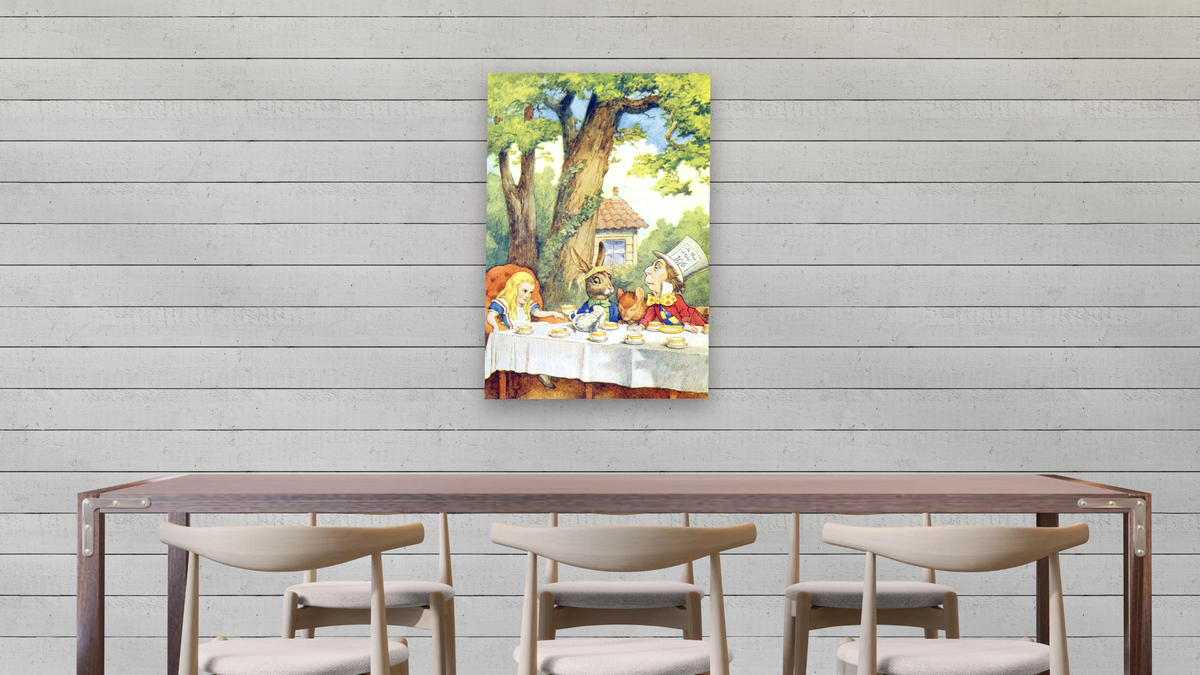 The Mad Hatter's Tea Party, illustration from 'Alice in Wonderland' by Lewis Carroll by John Tenniel, shown at 28 × 42 in (71.1 × 106.7 cm) as gallery-wrapped canvas, dining
