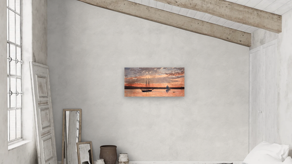 Sunset at Gloucester by Winslow Homer, shown at 20 × 40 in (50.8 × 101.6 cm) as gallery-wrapped canvas, bedroom