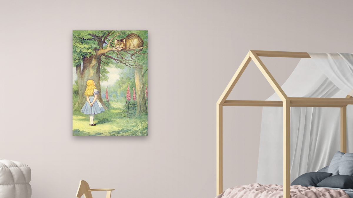 Alice and the Cheshire Cat, illustration from 'Alice in Wonderland' by Lewis Carroll by John Tenniel, shown at 28 × 42 in (71.1 × 106.7 cm) as gallery-wrapped canvas, bedroom