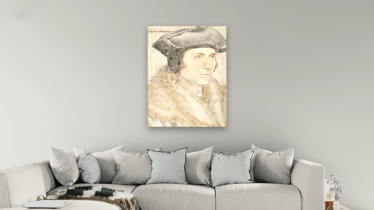 Sir Thomas More by Hans Holbein the Younger, shown at 30 × 40 in (76.2 × 101.6 cm) as gallery-wrapped canvas, living