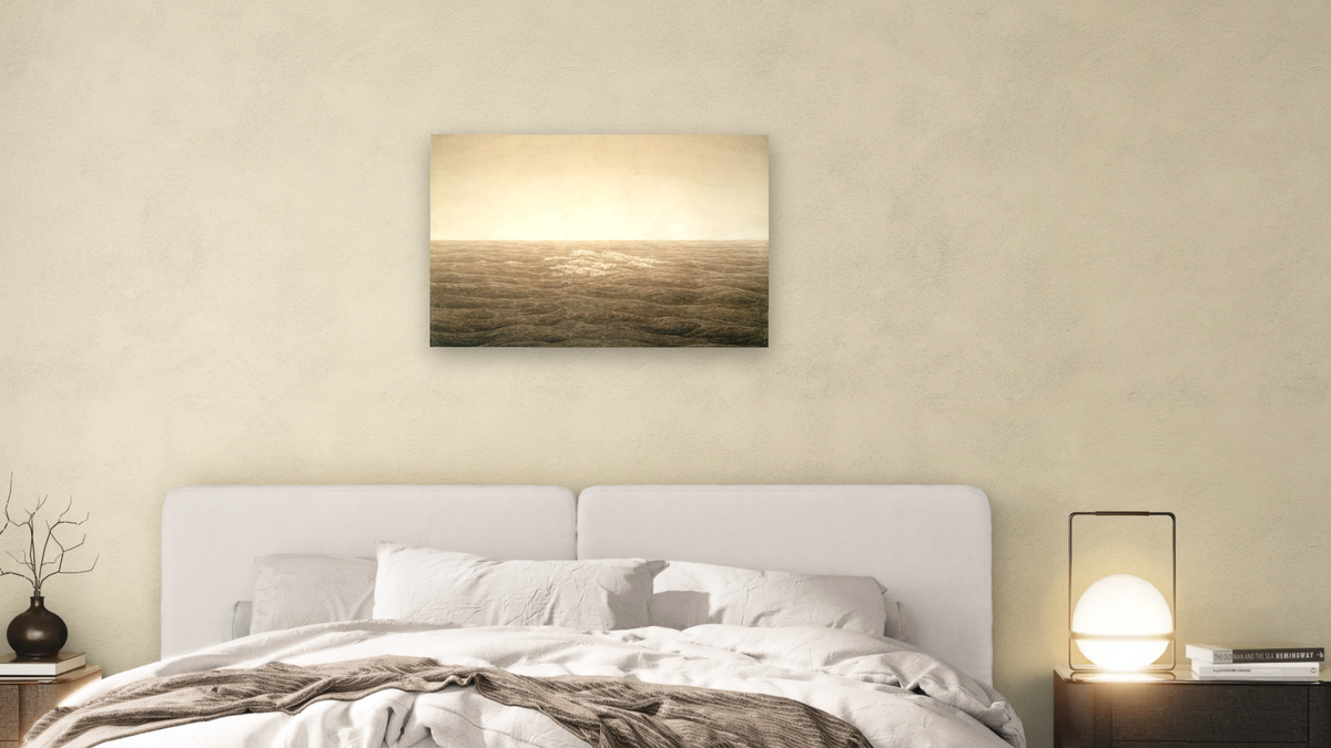Sea at Sunrise by Caspar David Friedrich, shown at 28 × 42 in (71.1 × 106.7 cm) as gallery-wrapped canvas, bedroom