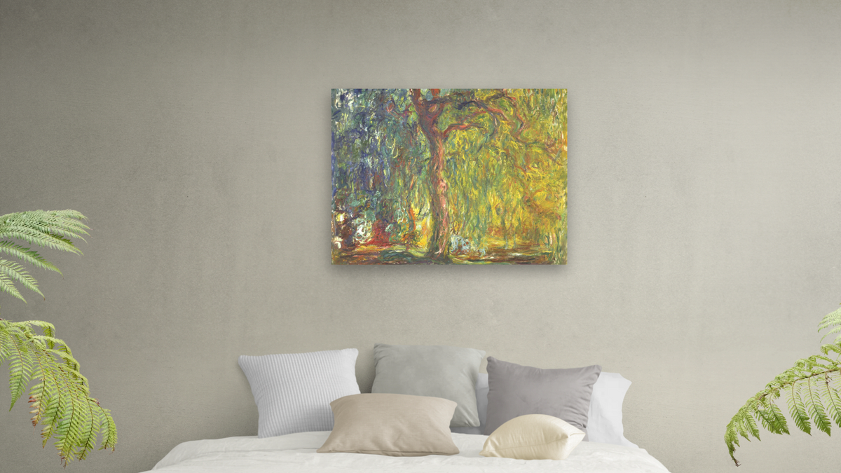 Weeping Willow by Claude Monet, shown at 32 × 40 in (81.3 × 101.6 cm) as gallery-wrapped canvas, bedroom