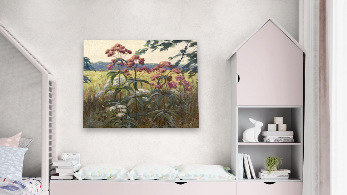 Joe Pye Weed & Boneset by Frank V. Dudley, shown at 32 × 40 in (81.3 × 101.6 cm) as gallery-wrapped canvas, bedroom