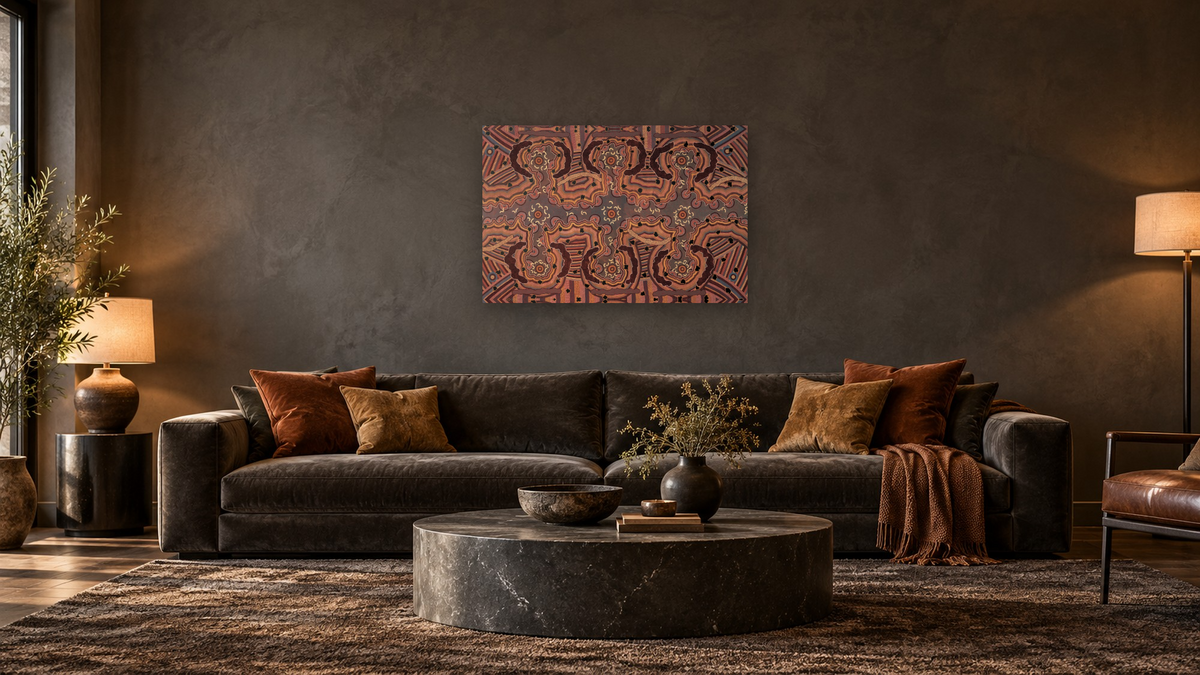 Yuelamu honey ant dreaming by Clifford Possum Tjapaltjarri, shown at 28 × 42 in (71.1 × 106.7 cm) as gallery-wrapped canvas, den