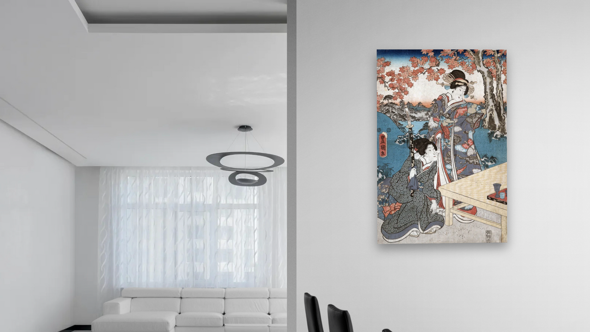 Court ladies gathering maple leaves by Utagawa Toyokuni, shown at 28 × 42 in (71.1 × 106.7 cm) as gallery-wrapped canvas, dining
