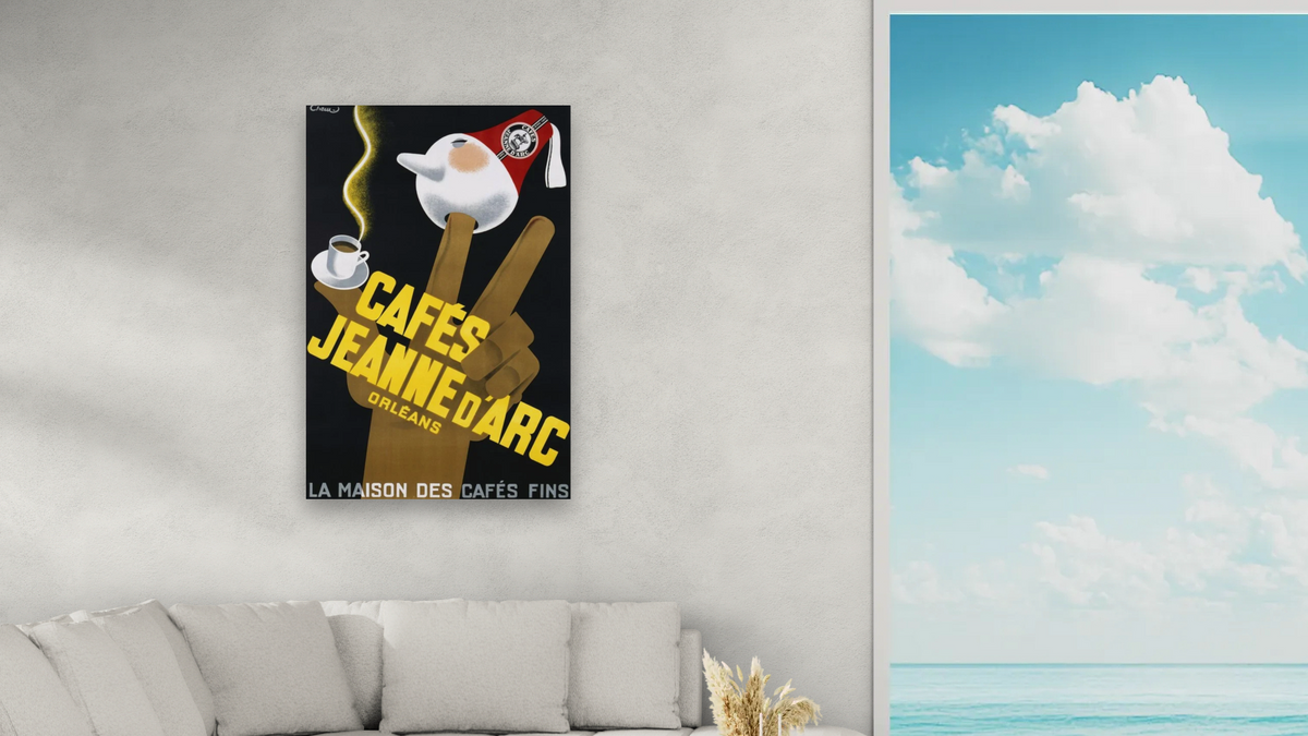 Cafes Jeanne d'Arc Poster by Carl Chew, shown at 28 × 42 in (71.1 × 106.7 cm) as gallery-wrapped canvas, living
