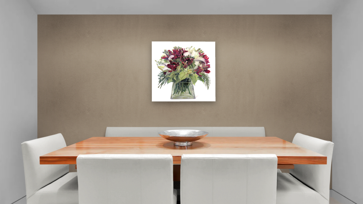 Hoilday Bouquet by Kirsten Söderlind, shown at 32 × 32 in (81.3 × 81.3 cm) as gallery-wrapped canvas, dining