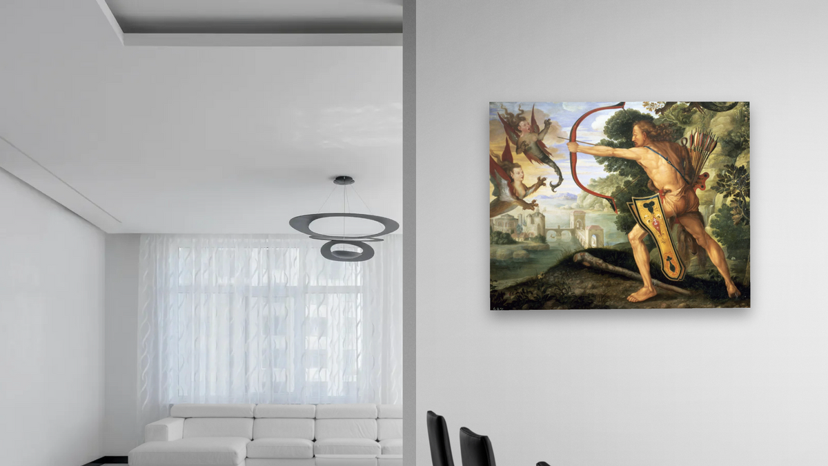 Hercules and the Stymphalian birds by Albrecht Dürer, shown at 32 × 40 in (81.3 × 101.6 cm) as gallery-wrapped canvas, dining