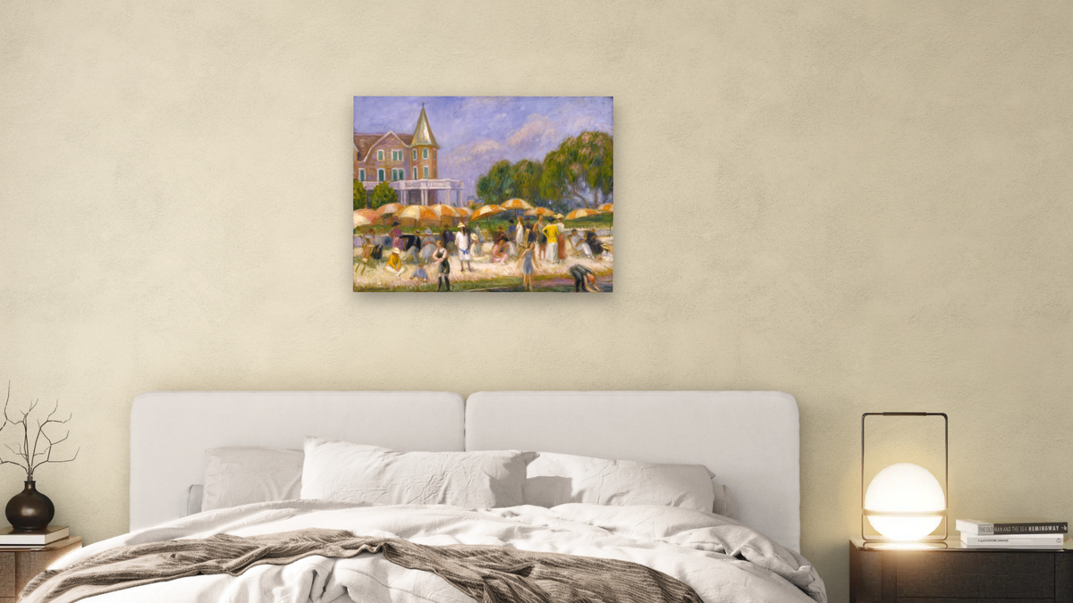 Beach Umbrellas at Blue Point by William Glackens, shown at 32 × 40 in (81.3 × 101.6 cm) as gallery-wrapped canvas, bedroom