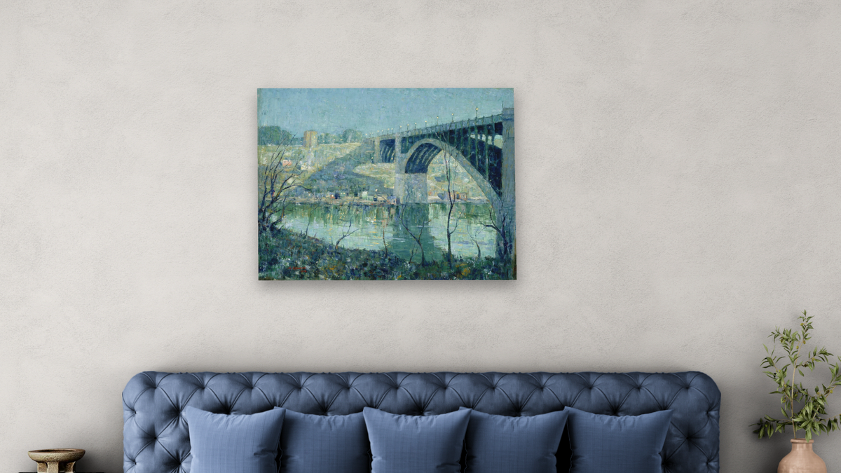 Spring Night, Harlem River by Ernest Lawson, shown at 32 × 40 in (81.3 × 101.6 cm) as gallery-wrapped canvas, bedroom