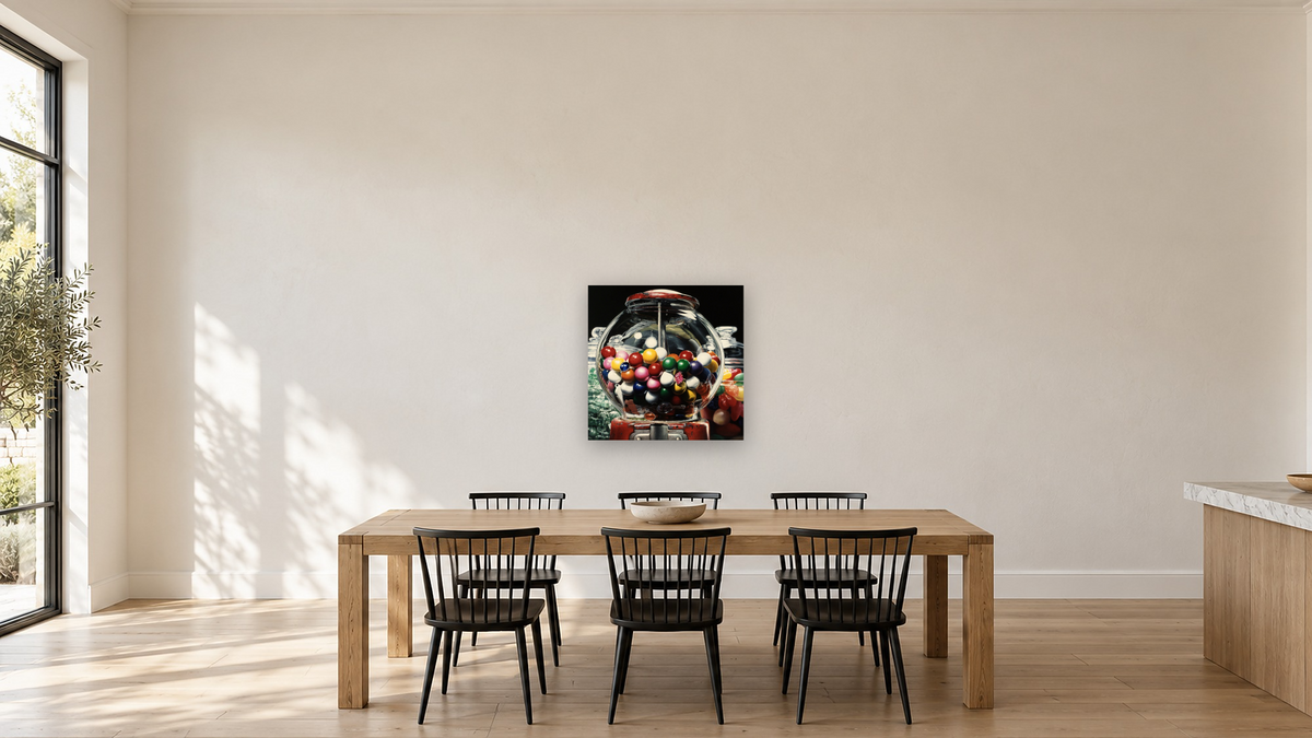 Gumball 14 by Charles Bell, shown at 32 × 32 in (81.3 × 81.3 cm) as gallery-wrapped canvas, kitchen