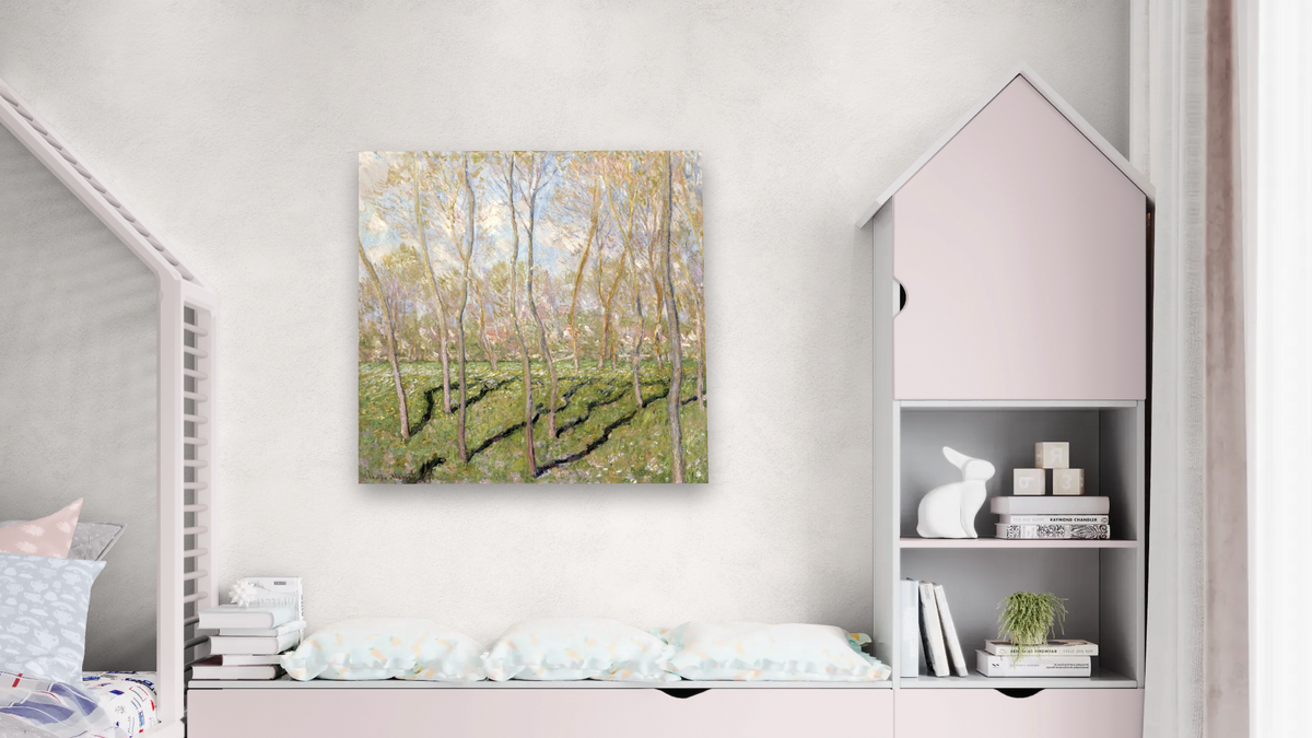 View of Bennecourt by Claude Monet, shown at 32 × 32 in (81.3 × 81.3 cm) as gallery-wrapped canvas, bedroom