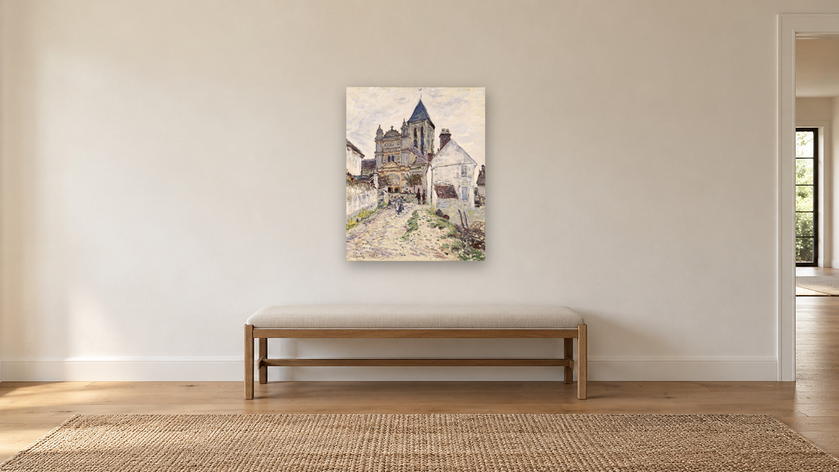 The Church at Vétheuil by Claude Monet, shown at 32 × 40 in (81.3 × 101.6 cm) as gallery-wrapped canvas, hallway