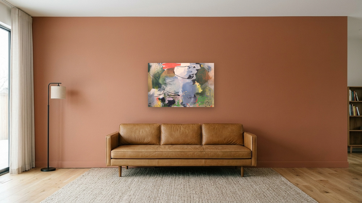Terra by Katherine Bello, shown at 28 × 42 in (71.1 × 106.7 cm) as gallery-wrapped canvas, media room