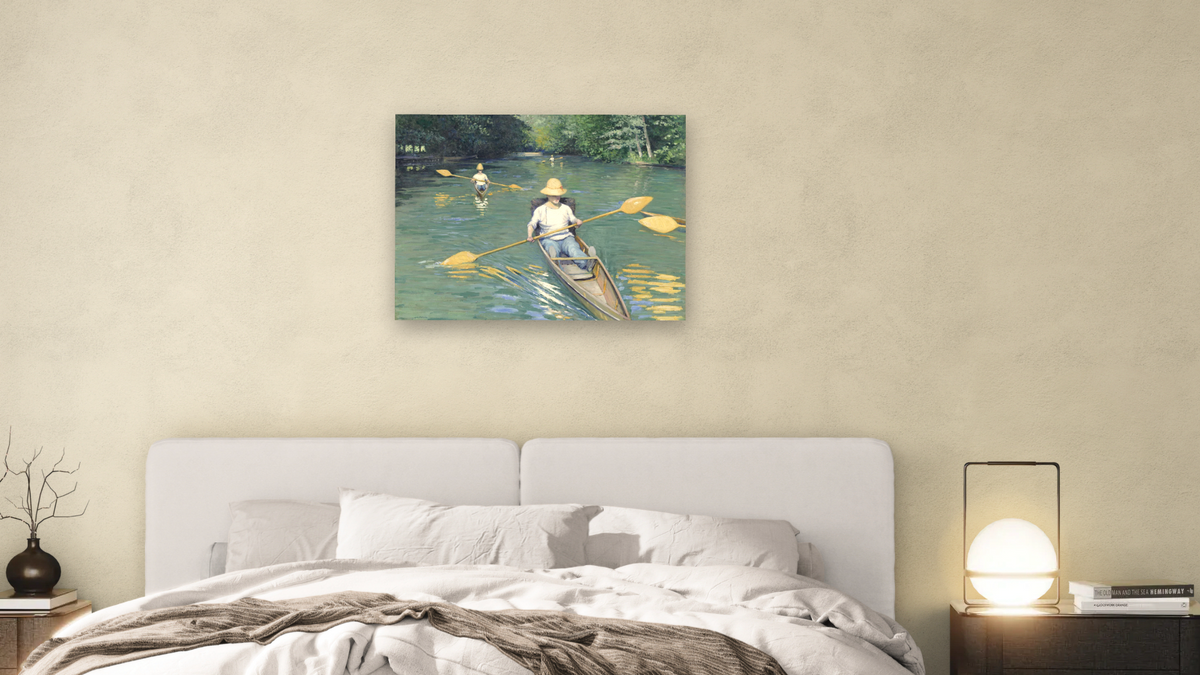 Skiffs by Gustave Caillebotte, shown at 30 × 40 in (76.2 × 101.6 cm) as gallery-wrapped canvas, bedroom