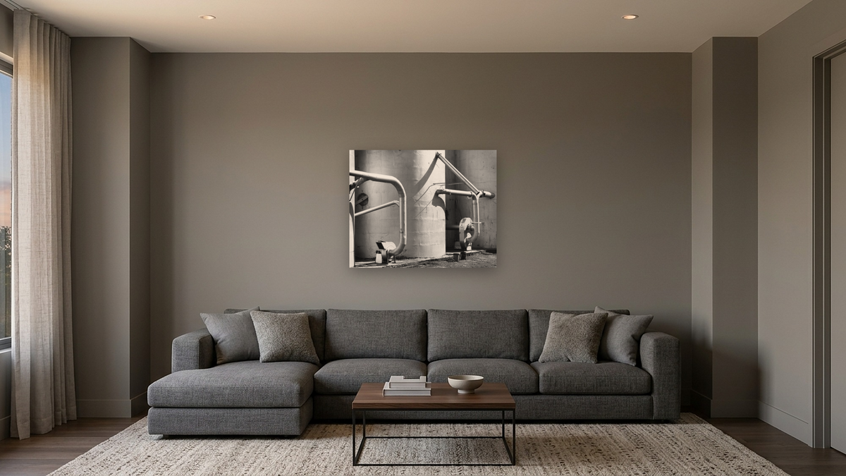 Arbuckle Warehouse #7 by Gordon Osmundson, shown at 32 × 40 in (81.3 × 101.6 cm) as gallery-wrapped canvas, media room