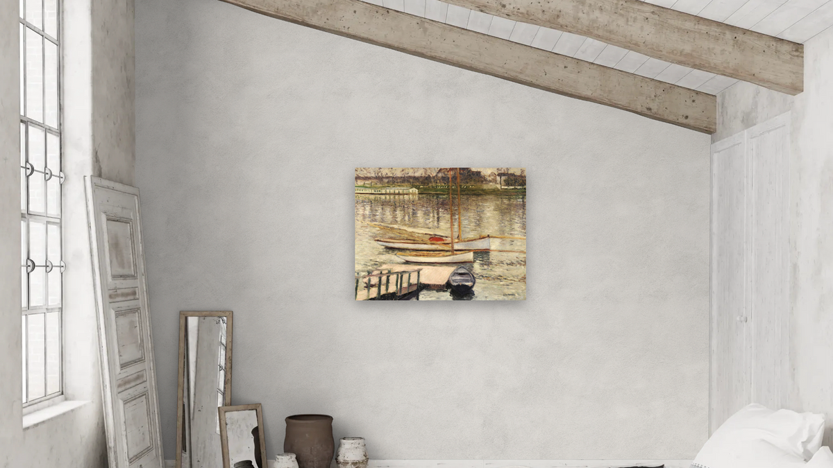 Voiliers au Mouillage sur la Seine, Argenteuil, 1883 by Gustave Caillebotte, shown at 32 × 40 in (81.3 × 101.6 cm) as gallery-wrapped canvas, bedroom