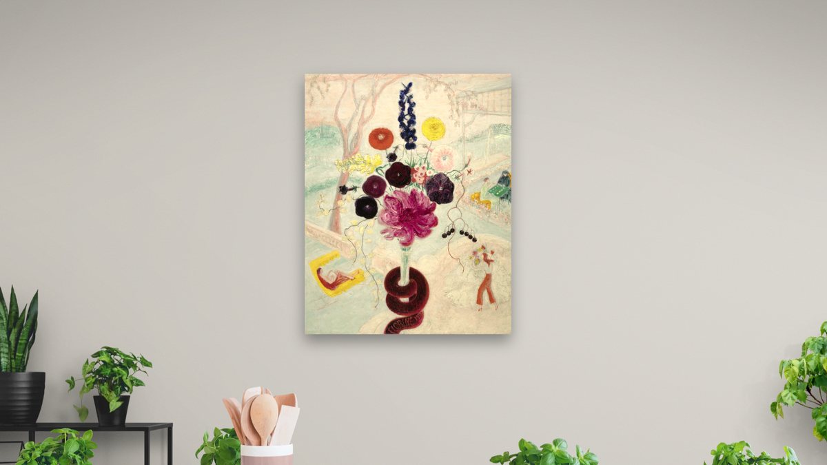 Birthday Bouquet (Flowers with Snake) by Florine Stettheimer, shown at 32 × 40 in (81.3 × 101.6 cm) as gallery-wrapped canvas, dining