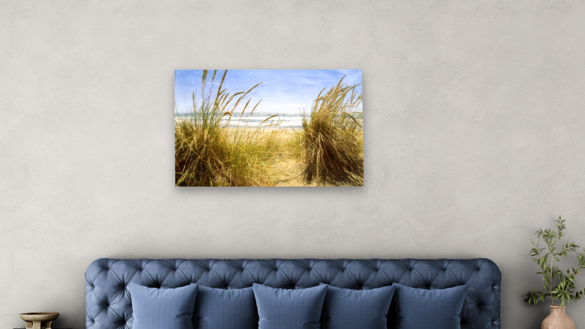 Dune Grass 3, shown at 28 × 42 in (71.1 × 106.7 cm) as gallery-wrapped canvas, bedroom
