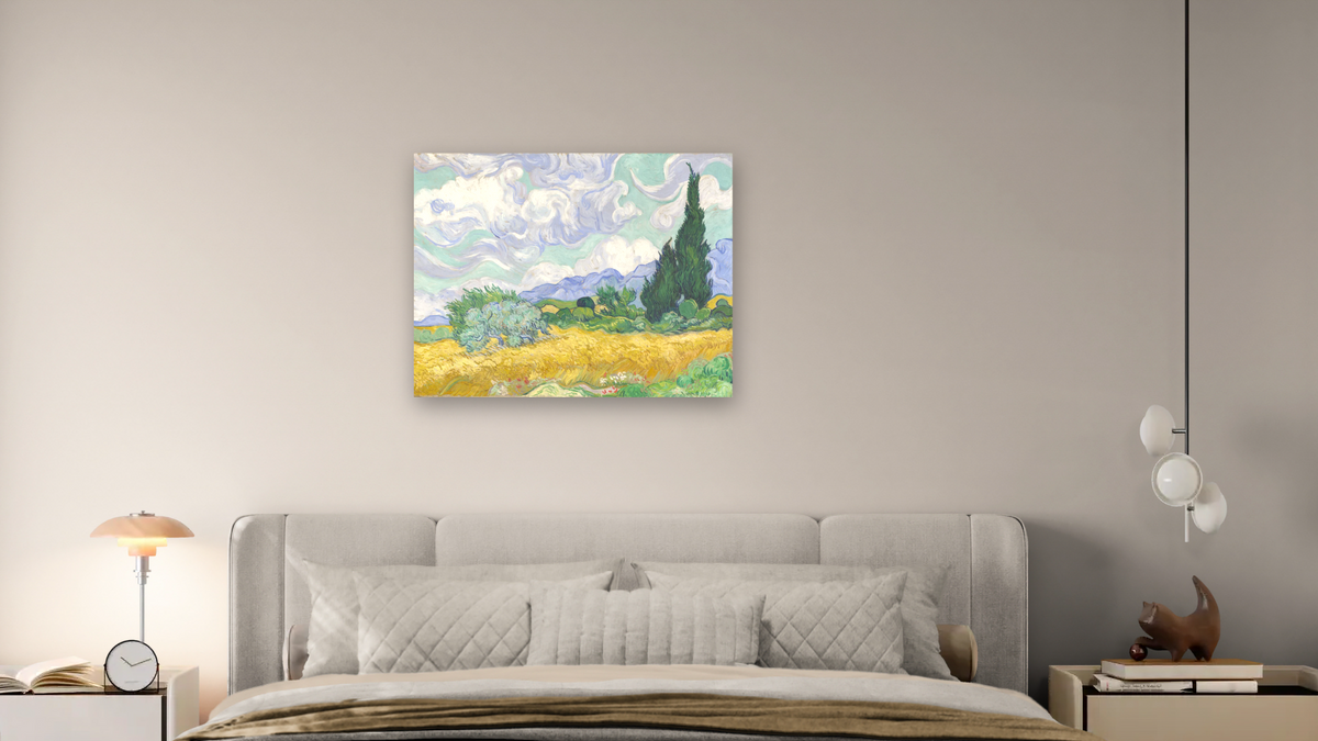 Wheat Field with Cypresses by Vincent van Gogh, shown at 32 × 40 in (81.3 × 101.6 cm) as gallery-wrapped canvas, bedroom