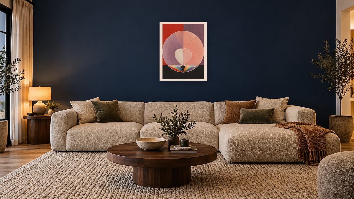 Group IX/UW, The Dove, no 2 by Hilma af Klint, shown at 32 × 40 in (81.3 × 101.6 cm) as gallery-wrapped canvas, media room