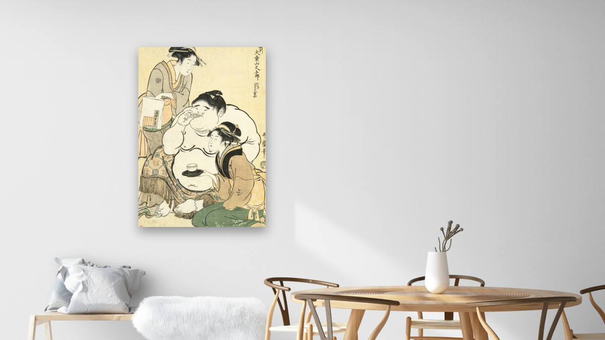 Daidozan Bungoro, the infant prodigy drinking sake and being offered tea by the famous beauty and teahouse waitress Okita of the Naniwaya and biscuits by her rival Ohisa of the Takashimaya by Kitagawa Utamaro, shown at 28 × 42 in (71.1 × 106.7 cm) as gallery-wrapped canvas, dining