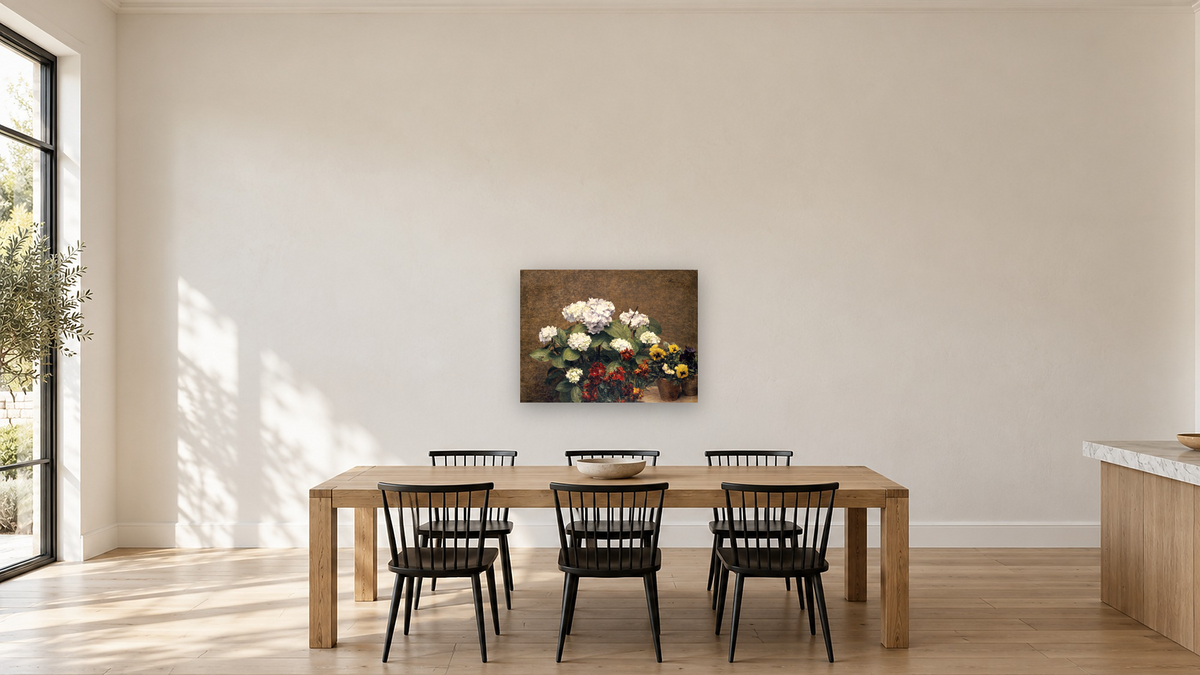 Hydrangeas, Wallflowers and Two Pots of Pansies by Henri Fantin-Latour, shown at 30 × 40 in (76.2 × 101.6 cm) as gallery-wrapped canvas, kitchen