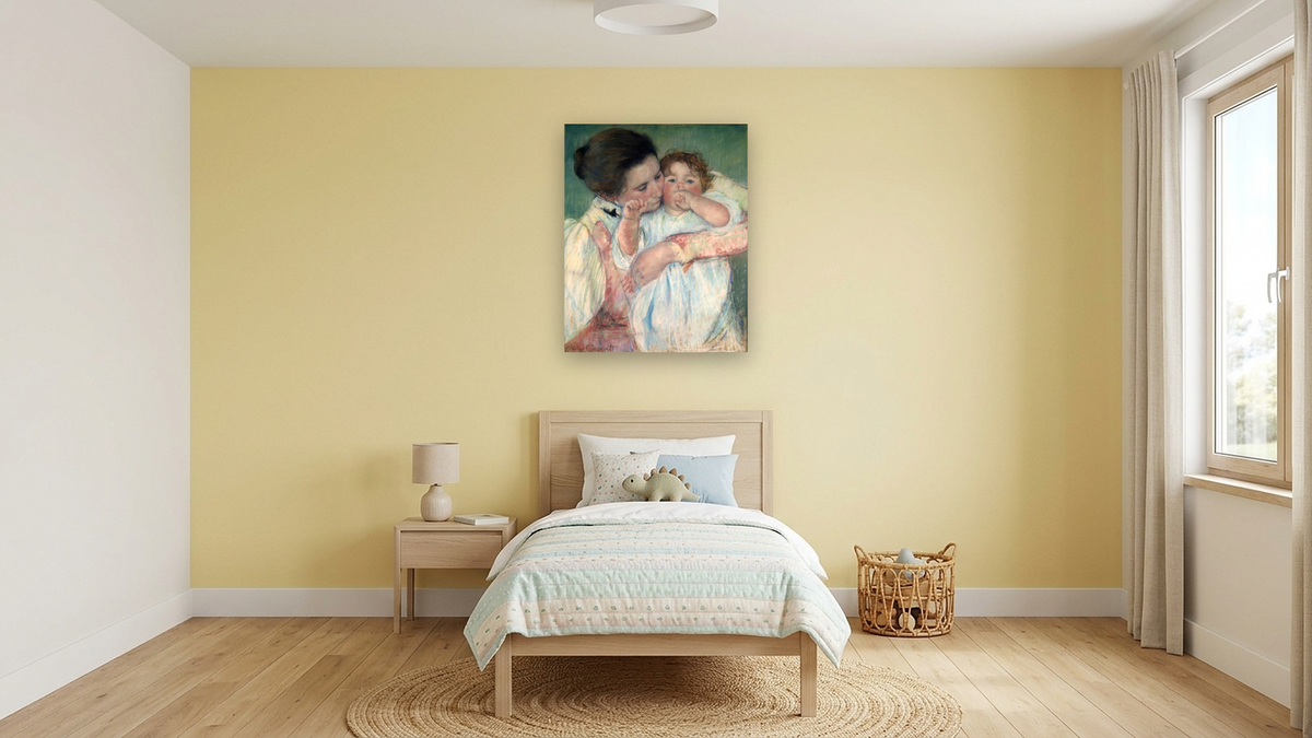 Mother and child on green background or Maternity by Mary Cassatt, shown at 32 × 40 in (81.3 × 101.6 cm) as gallery-wrapped canvas, kids' room