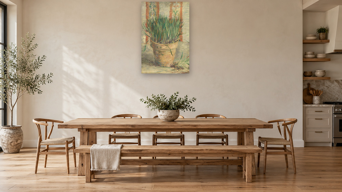 Flowerpot with Garlic Chives by Vincent van Gogh, shown at 28 × 42 in (71.1 × 106.7 cm) as gallery-wrapped canvas, kitchen