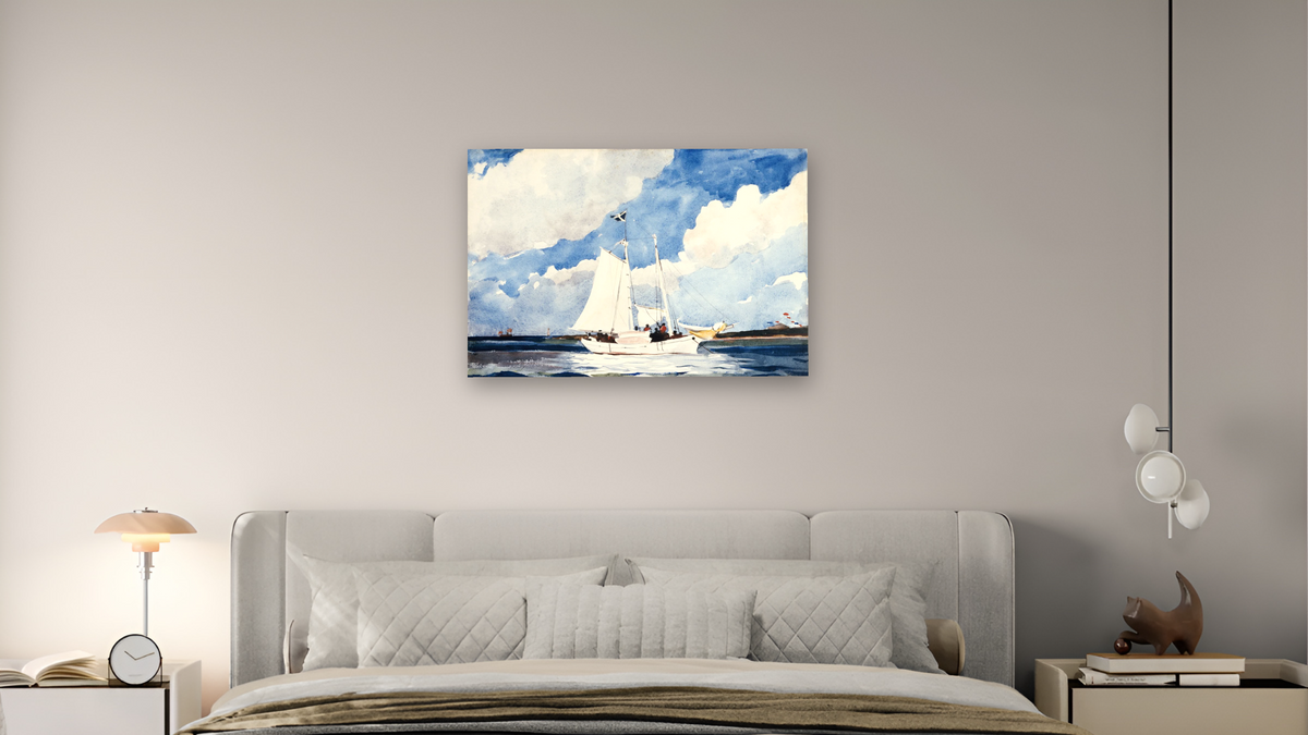 Fishing Schooner, Nassau by Winslow Homer, shown at 28 × 42 in (71.1 × 106.7 cm) as gallery-wrapped canvas, bedroom