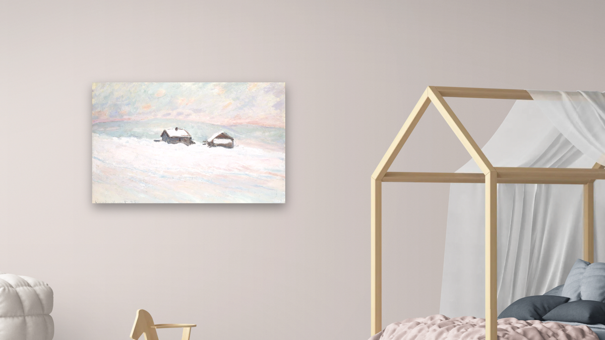 The Houses in the Snow, Norway by Claude Monet, shown at 28 × 42 in (71.1 × 106.7 cm) as gallery-wrapped canvas, bedroom