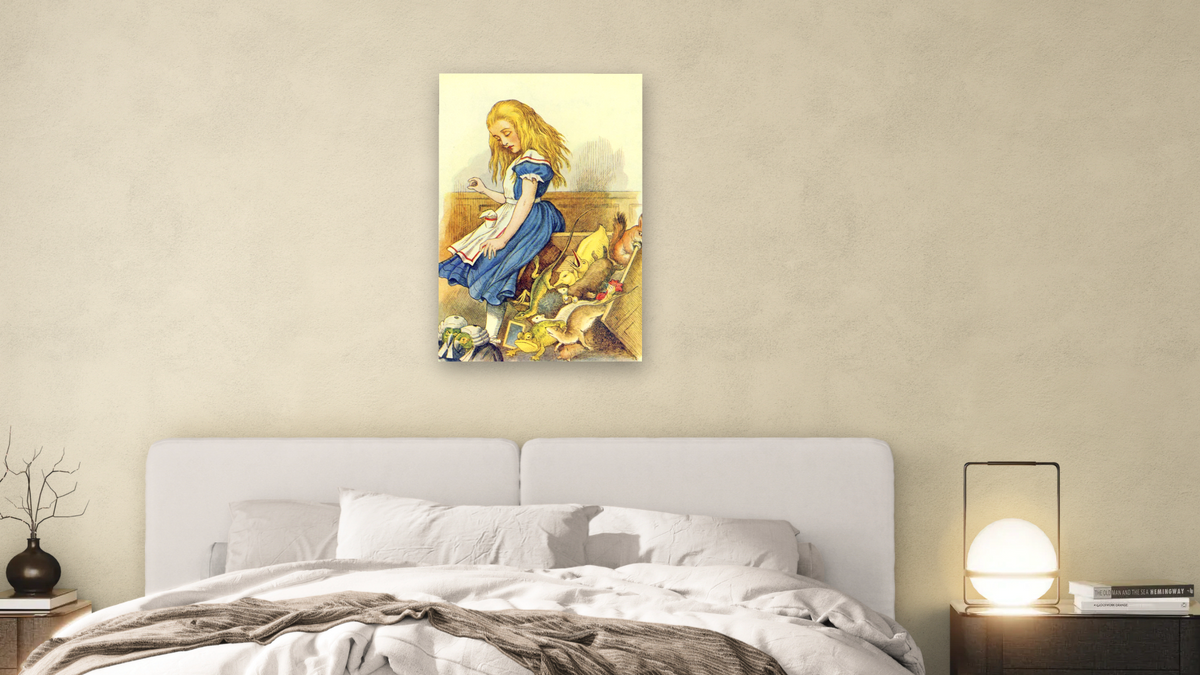 Alice Upsets the Jury-Box, illustration from 'Alice in Wonderland' by Lewis Carroll by John Tenniel, shown at 28 × 42 in (71.1 × 106.7 cm) as gallery-wrapped canvas, bedroom