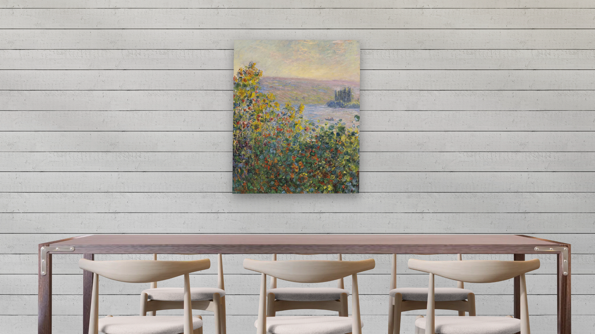 Flower Beds at Vétheuil by Claude Monet, shown at 32 × 40 in (81.3 × 101.6 cm) as gallery-wrapped canvas, dining