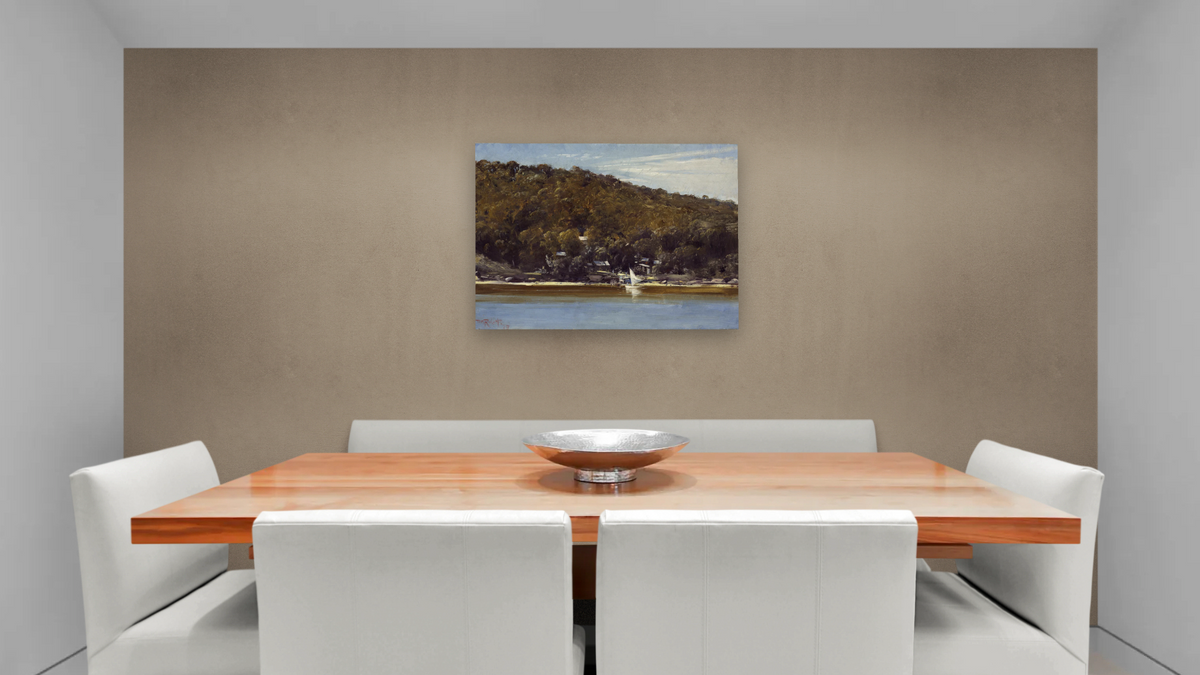 The camp, Sirius Cove by Tom Roberts, shown at 30 × 40 in (76.2 × 101.6 cm) as gallery-wrapped canvas, dining