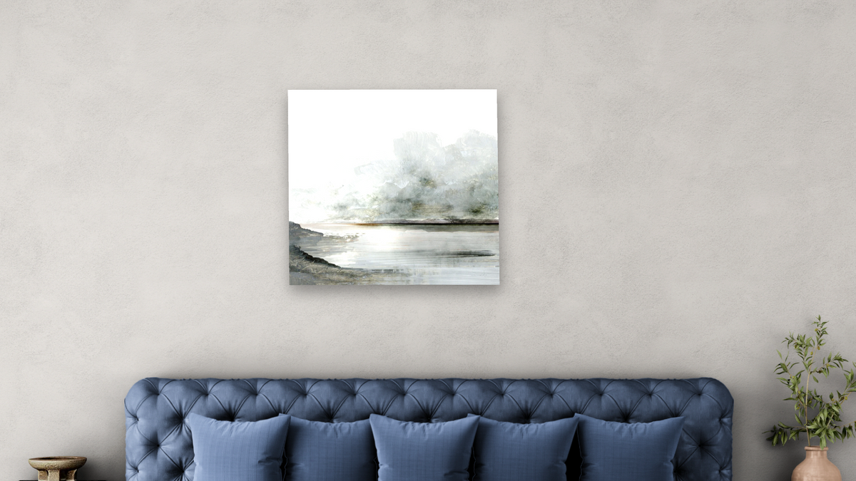 Ebb by Dan Hobday, shown at 32 × 32 in (81.3 × 81.3 cm) as gallery-wrapped canvas, bedroom