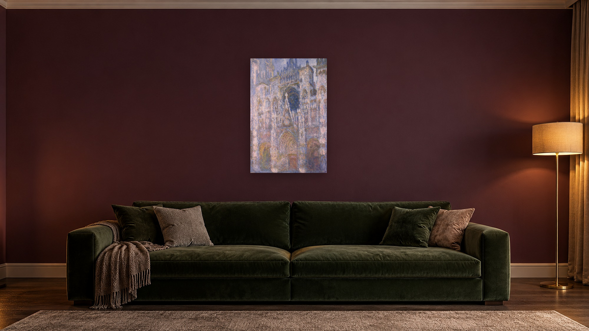 Rouen Cathedral, Blue Harmony, Morning Sunlight by Claude Monet, shown at 28 × 42 in (71.1 × 106.7 cm) as gallery-wrapped canvas, den