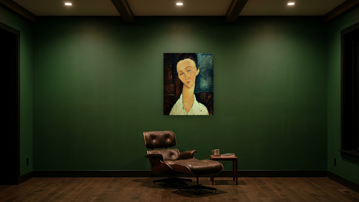 Portrait of Lunia Czechowska by Amedeo Modigliani, shown at 32 × 40 in (81.3 × 101.6 cm) as gallery-wrapped canvas, den