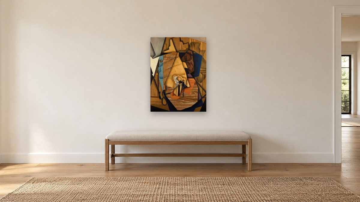 The Man at the Café by Juan Gris, shown at 30 × 40 in (76.2 × 101.6 cm) as gallery-wrapped canvas, hallway