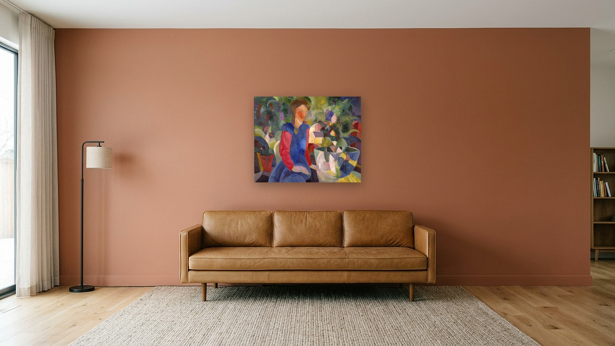 Woman with Fishbowl (Gemalde Madchen mit Fischglas) by August Macke, shown at 32 × 40 in (81.3 × 101.6 cm) as gallery-wrapped canvas, media room