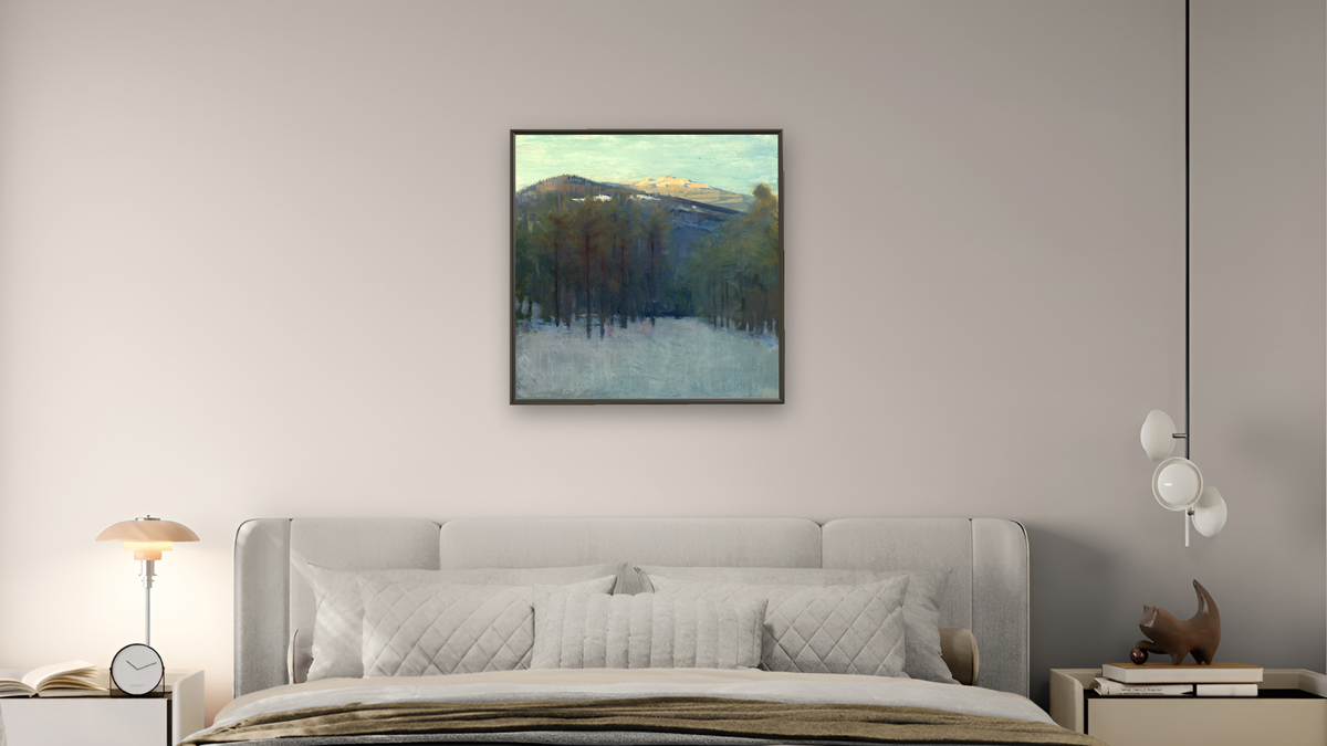Mount Monadnock by Abbott Handerson Thayer, shown at 32 × 32 in (81.3 × 81.3 cm) on canvas in Ramino Satin Black, bedroom