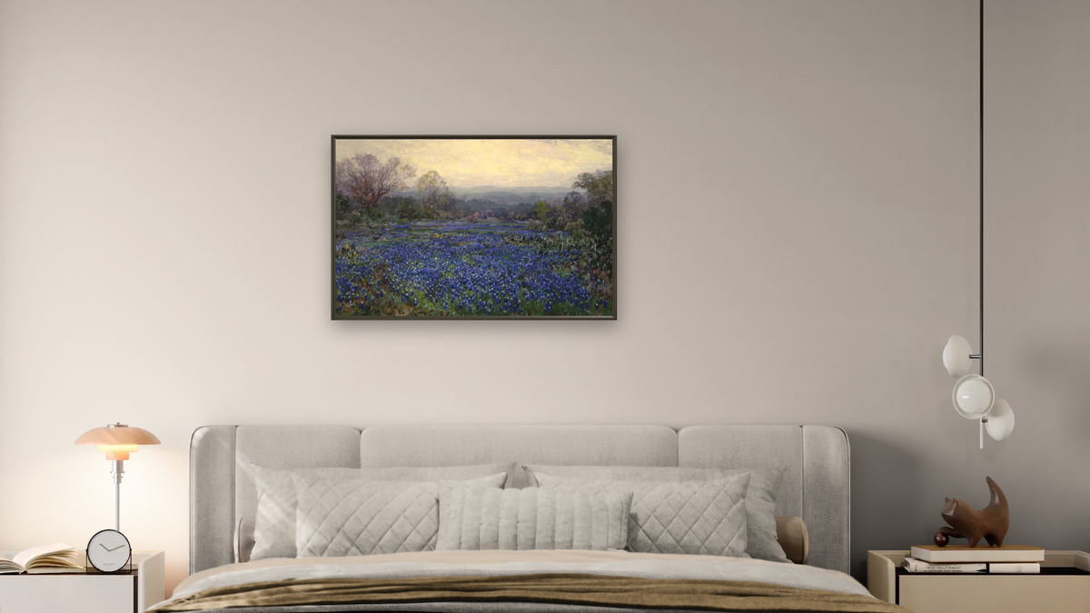 Untitled (Field of Bluebonnets) by Julian Onderdonk, shown at 28 × 42 in (71.1 × 106.7 cm) on canvas in Ramino Satin Black, bedroom
